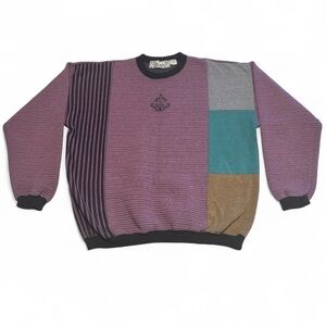 VTG 80s Crewneck Color Block Sweatshirt XXL Rib Knit Boxy Cut Pullover Purple
